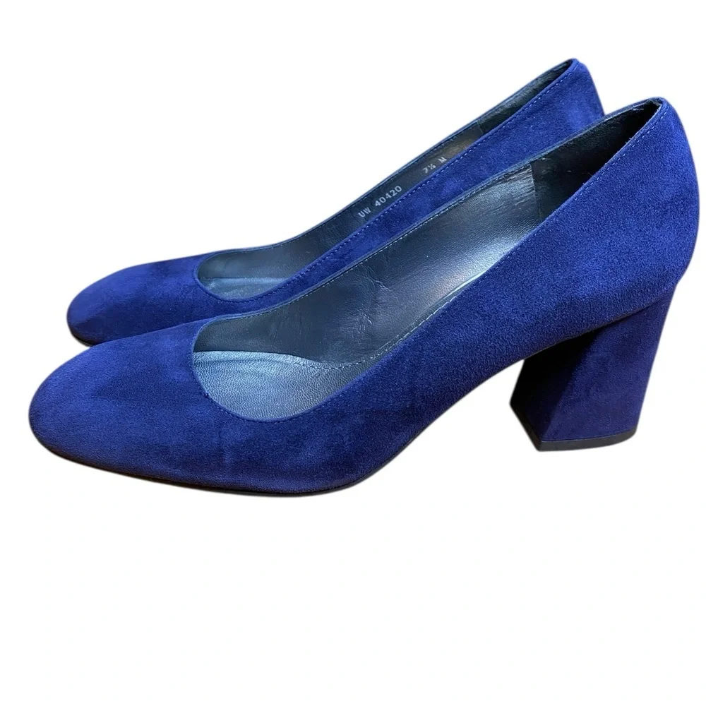 Stuart Weitzman MaryMid Navy Blue Suede Block Heel Pump Women’s Size 7.5